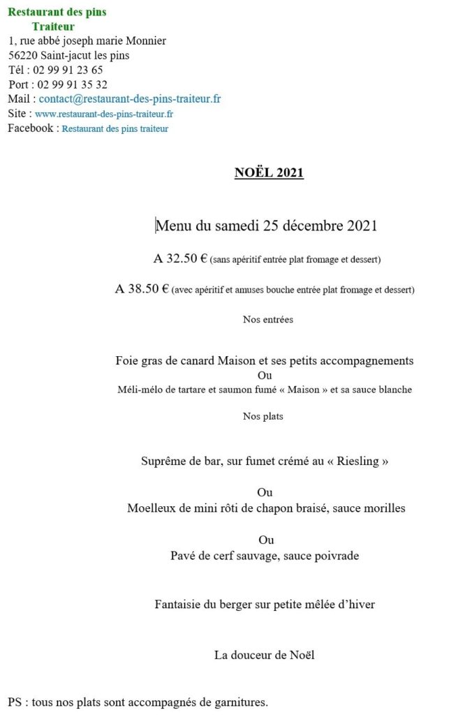 Menu de Noël 2021 – restaurant des pins traiteur